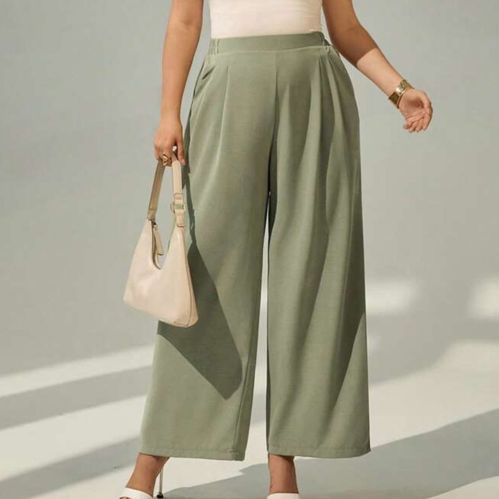 SHEIN Green Wide Leg Pants High-Waisted Pleated